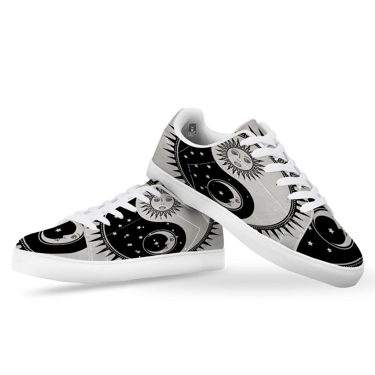 Yin Yang Sun White And Black Print White Low Top Sneakers-grizzshop