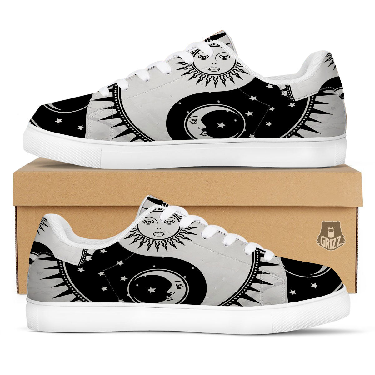 Yin Yang Sun White And Black Print White Low Top Sneakers-grizzshop
