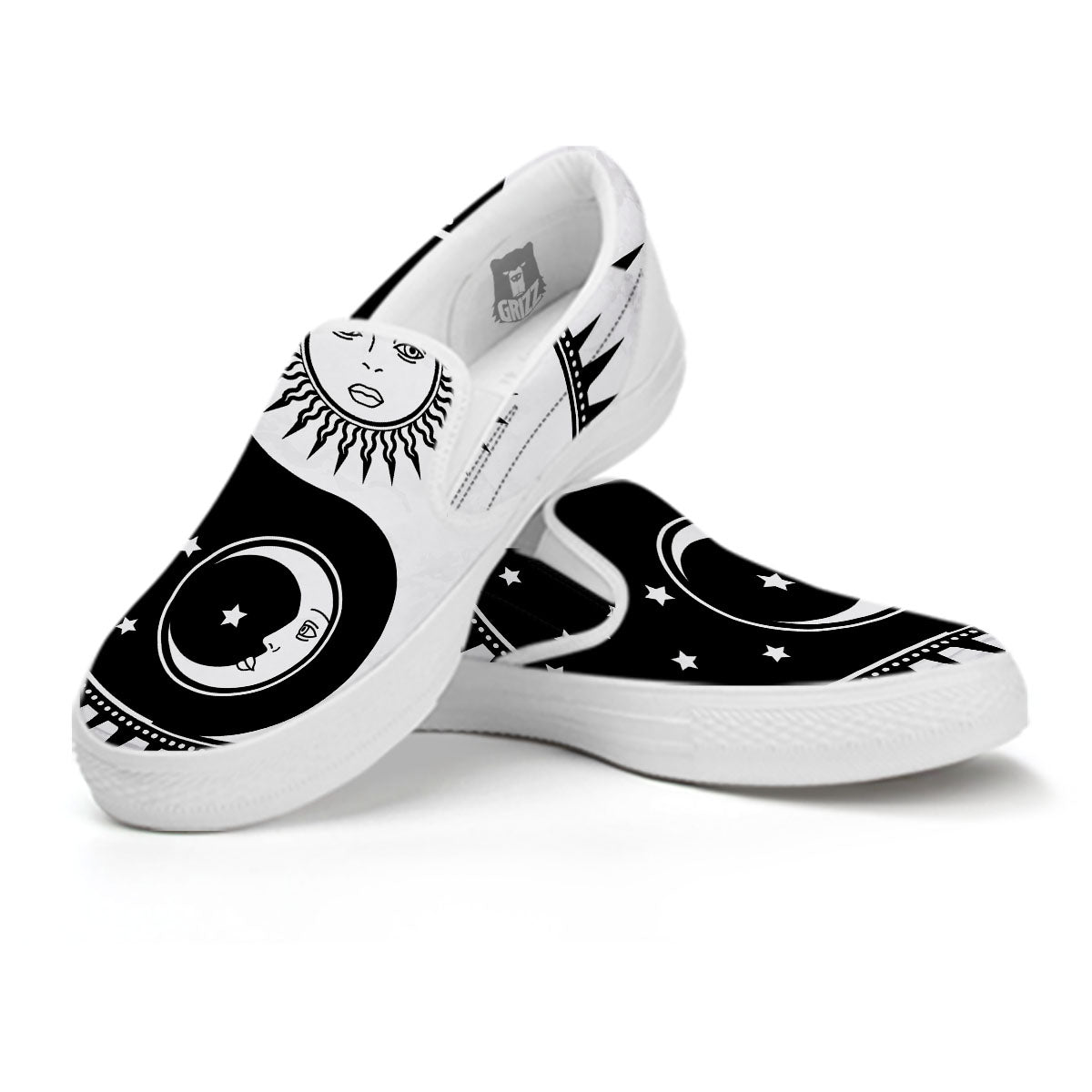 Yin Yang Sun White And Black Print White Slip On Shoes-grizzshop