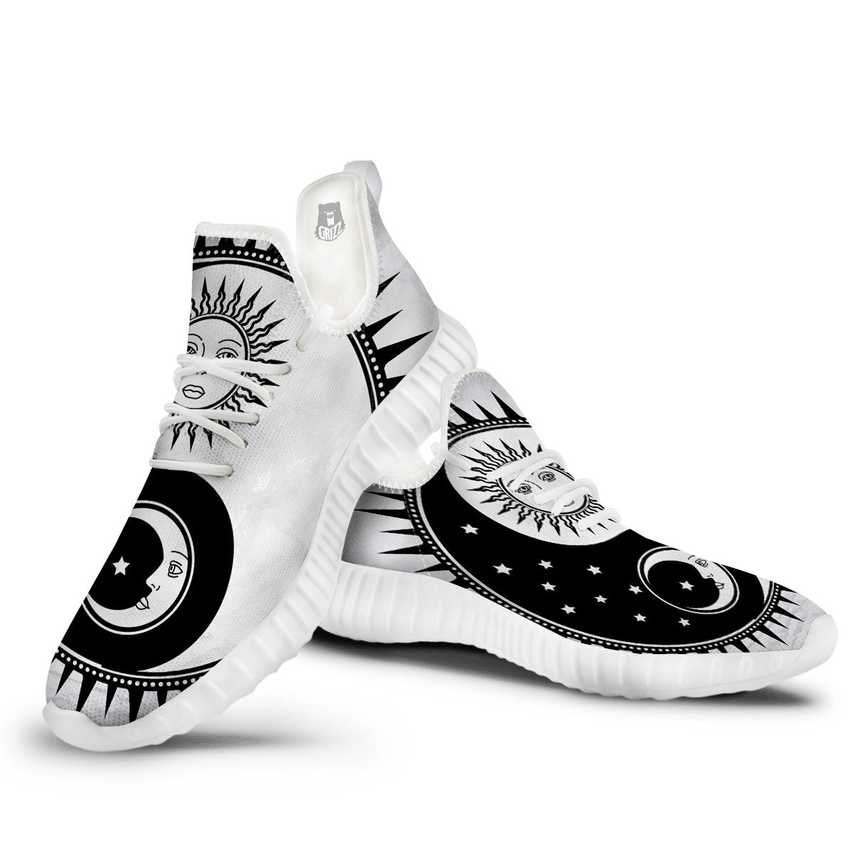 Yin Yang Sun White And Black Print White Walking Shoes-grizzshop