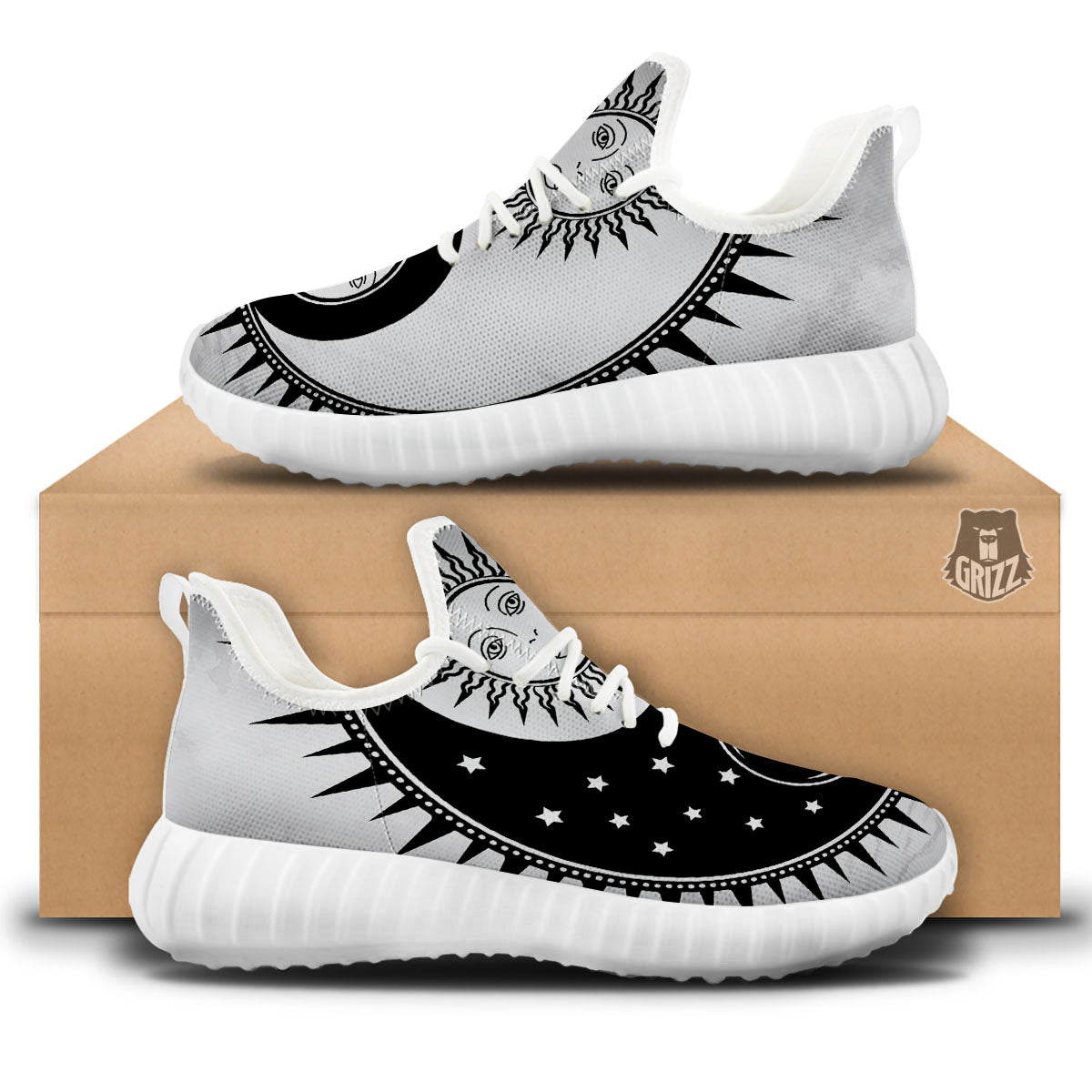 Yin Yang Sun White And Black Print White Walking Shoes-grizzshop