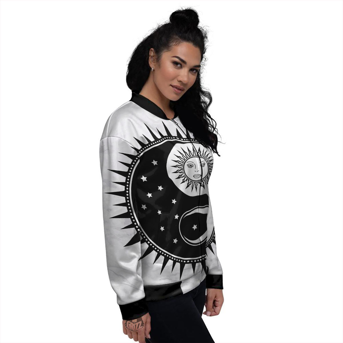 Yin Yang Sun White And Black Print Women's Bomber Jacket-grizzshop