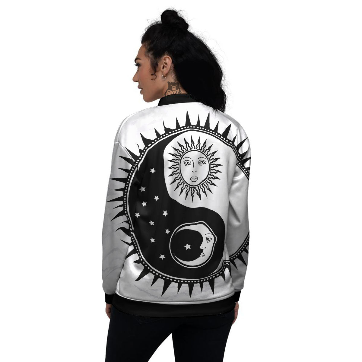 Yin Yang Sun White And Black Print Women's Bomber Jacket-grizzshop