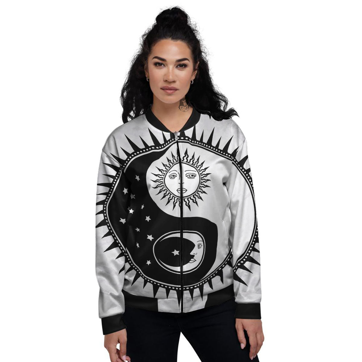 Yin Yang Sun White And Black Print Women's Bomber Jacket-grizzshop