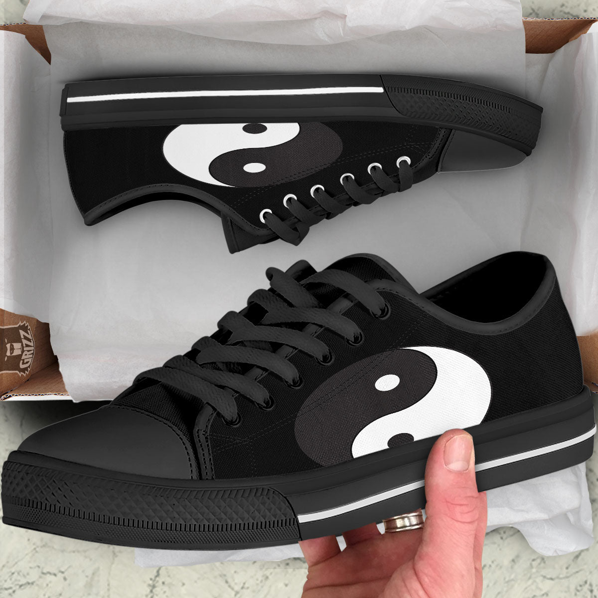 Yin Yang Symbol White And Black Print Black Low Top Shoes-grizzshop