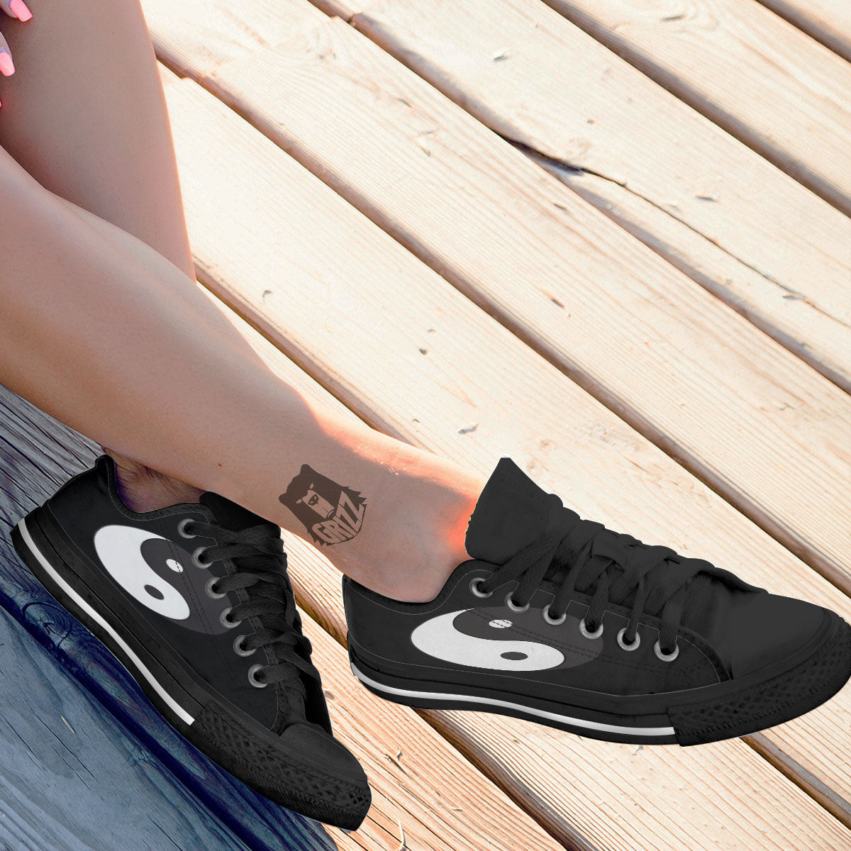 Yin Yang Symbol White And Black Print Black Low Top Shoes-grizzshop
