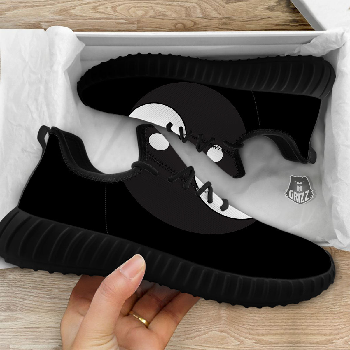Yin Yang Symbol White And Black Print Black Walking Shoes-grizzshop