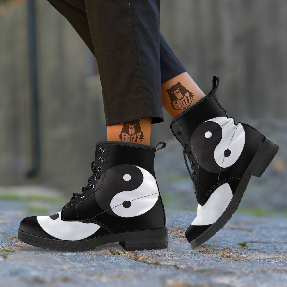 Yin Yang Symbol White And Black Print Leather Boots-grizzshop