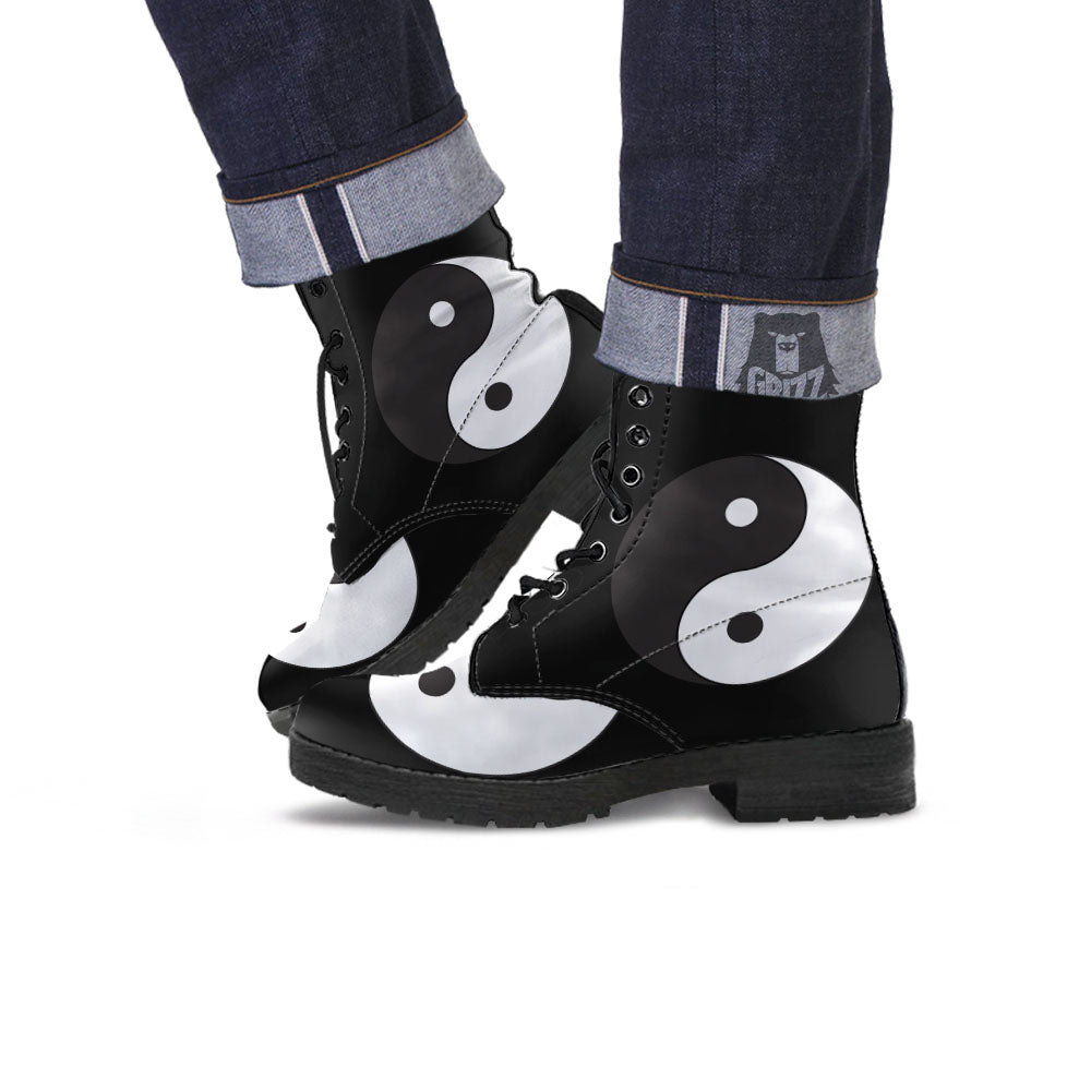 Yin Yang Symbol White And Black Print Leather Boots-grizzshop