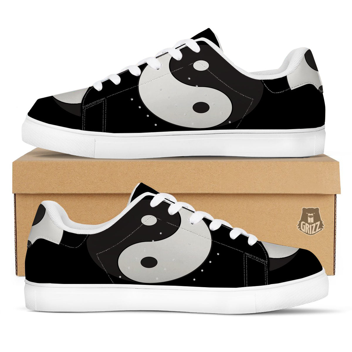 Yin Yang Symbol White And Black Print White Low Top Sneakers-grizzshop