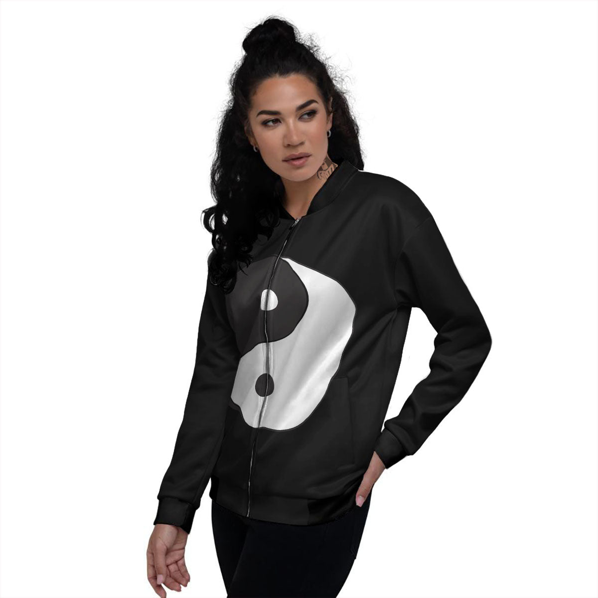 Yin Yang Symbol White And Black Print Women's Bomber Jacket-grizzshop