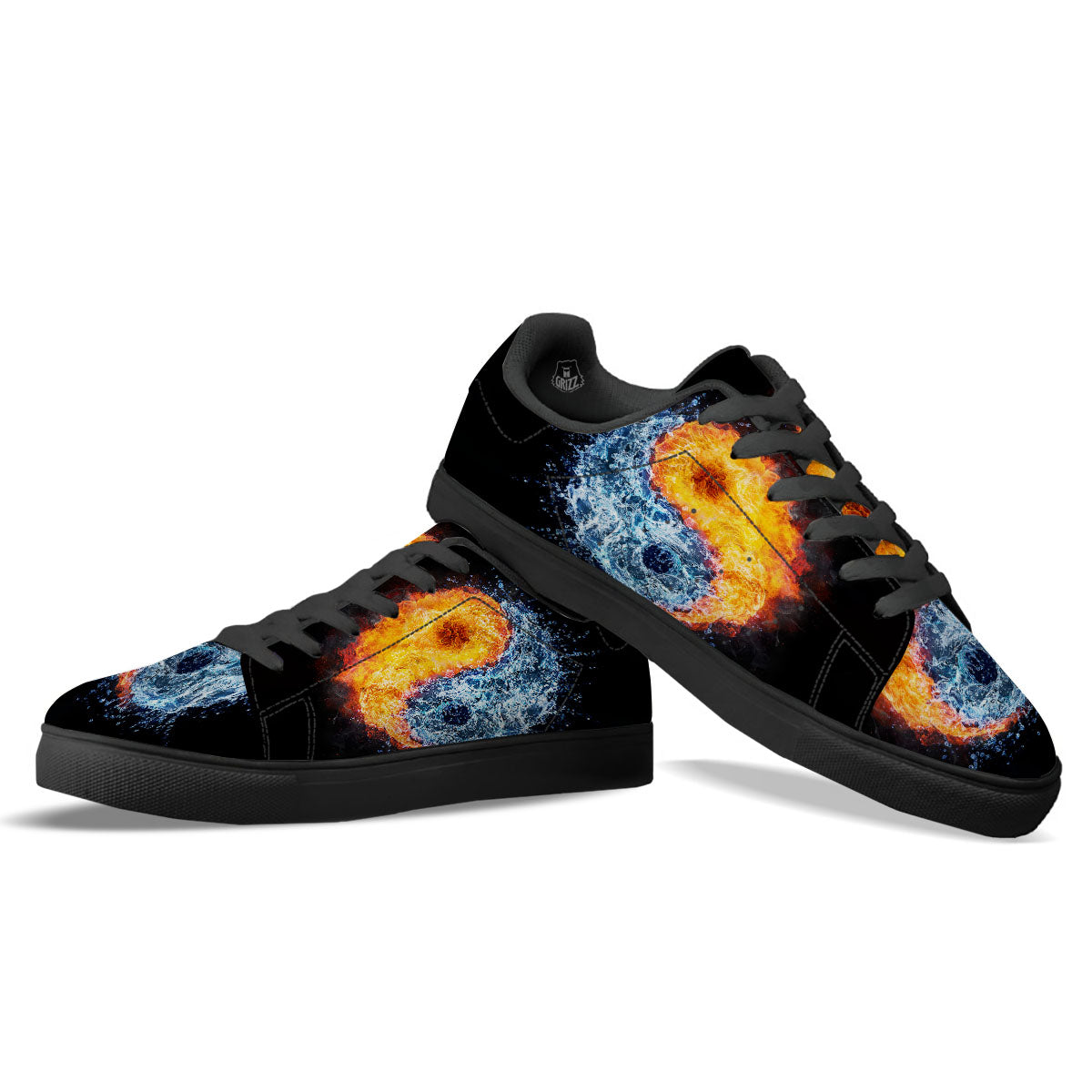 Yin Yang Water And Fire Print Black Low Top Sneakers-grizzshop