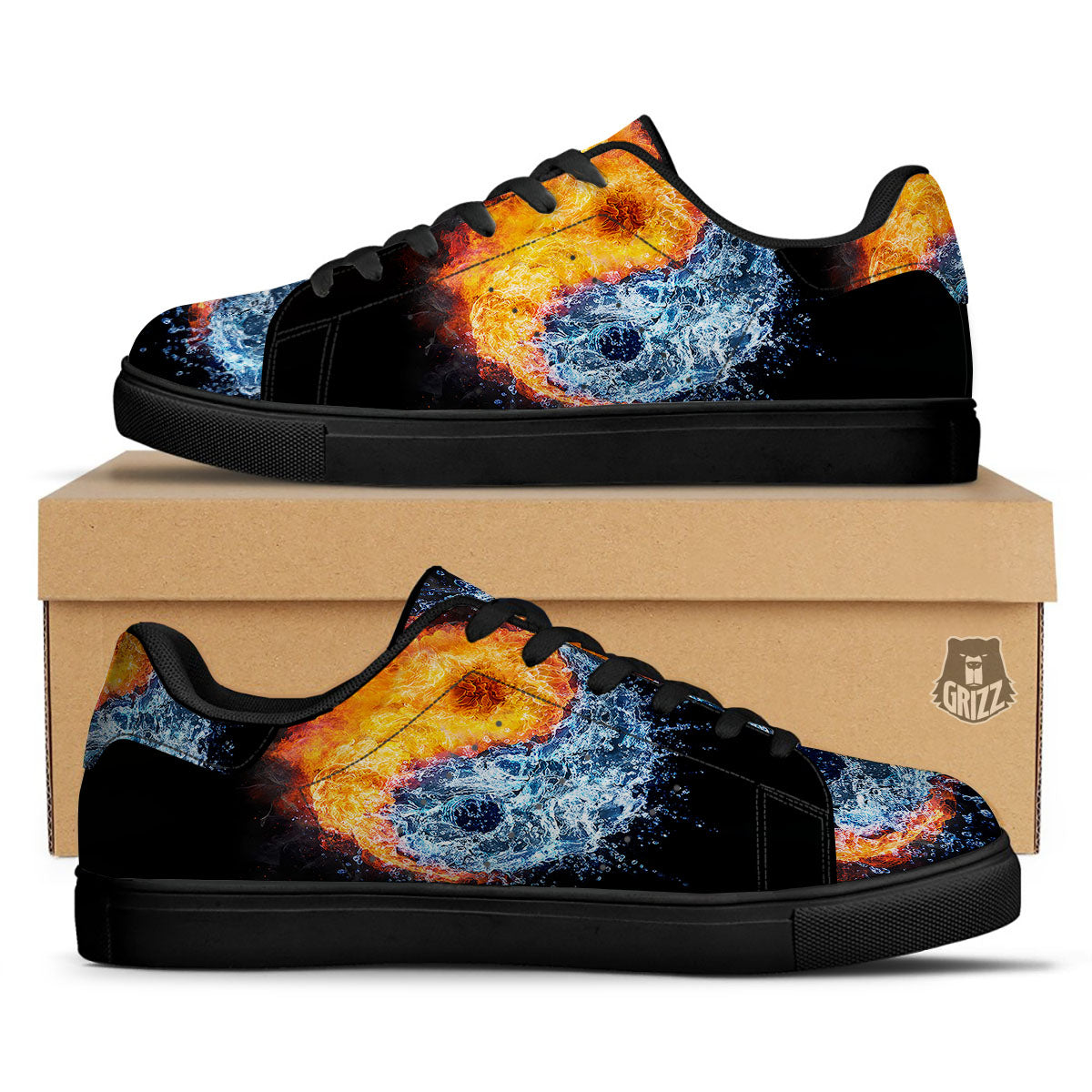 Yin Yang Water And Fire Print Black Low Top Sneakers-grizzshop