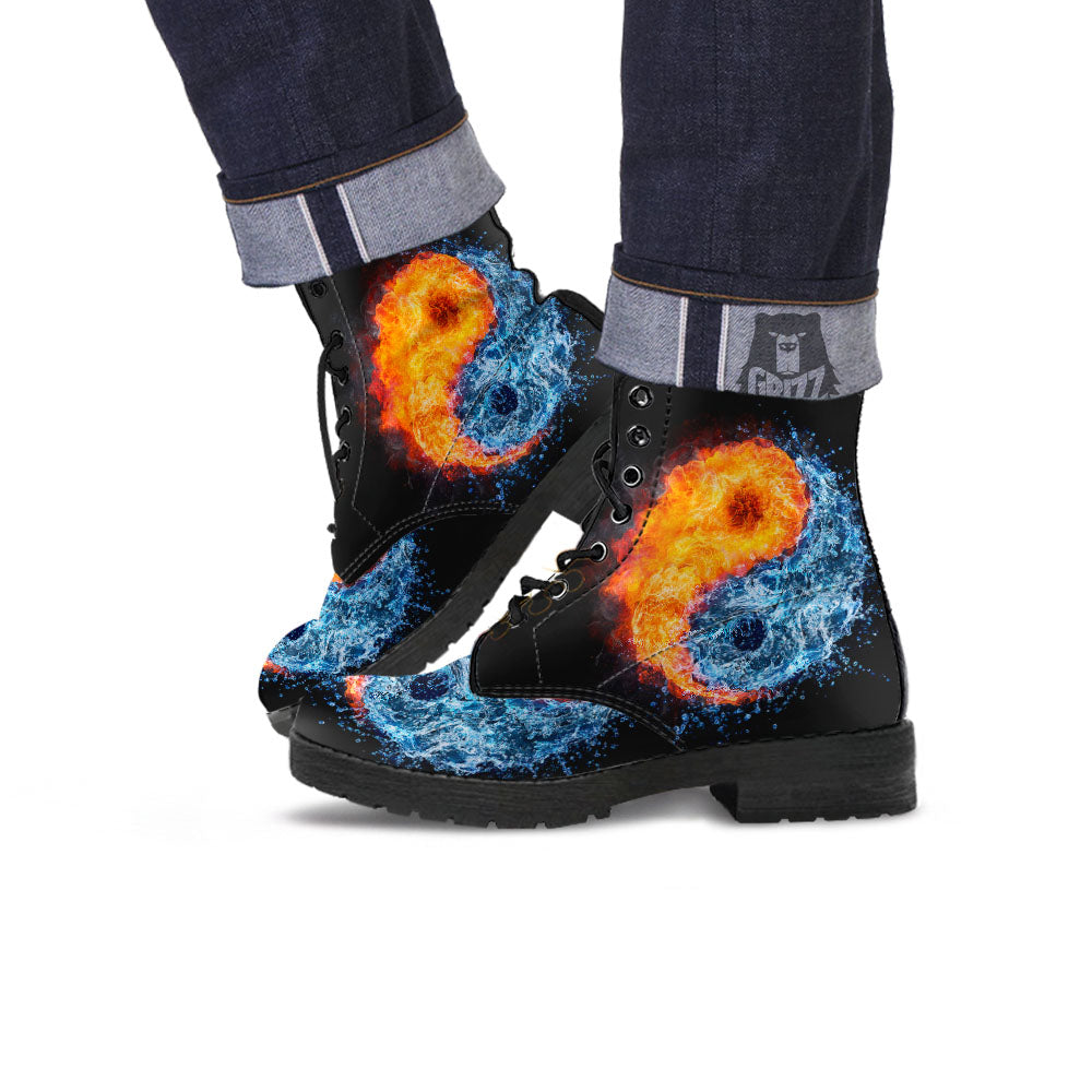 Yin Yang Water And Fire Print Leather Boots-grizzshop