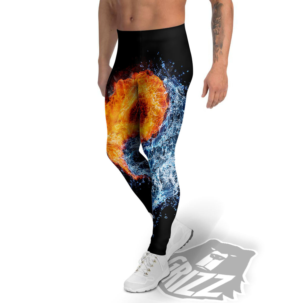 Yin Yang Water And Fire Print Men's Leggings-grizzshop