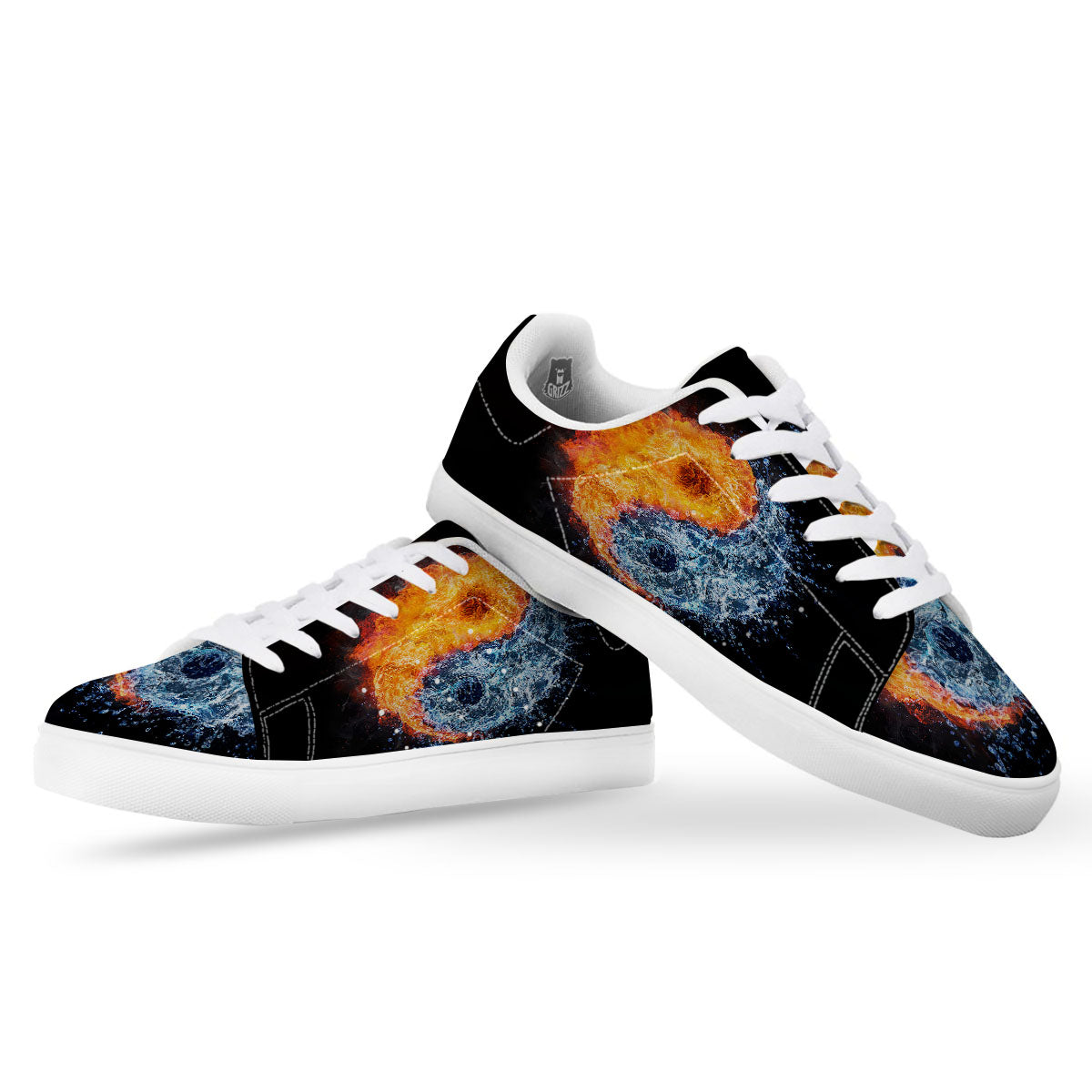 Yin Yang Water And Fire Print White Low Top Sneakers-grizzshop