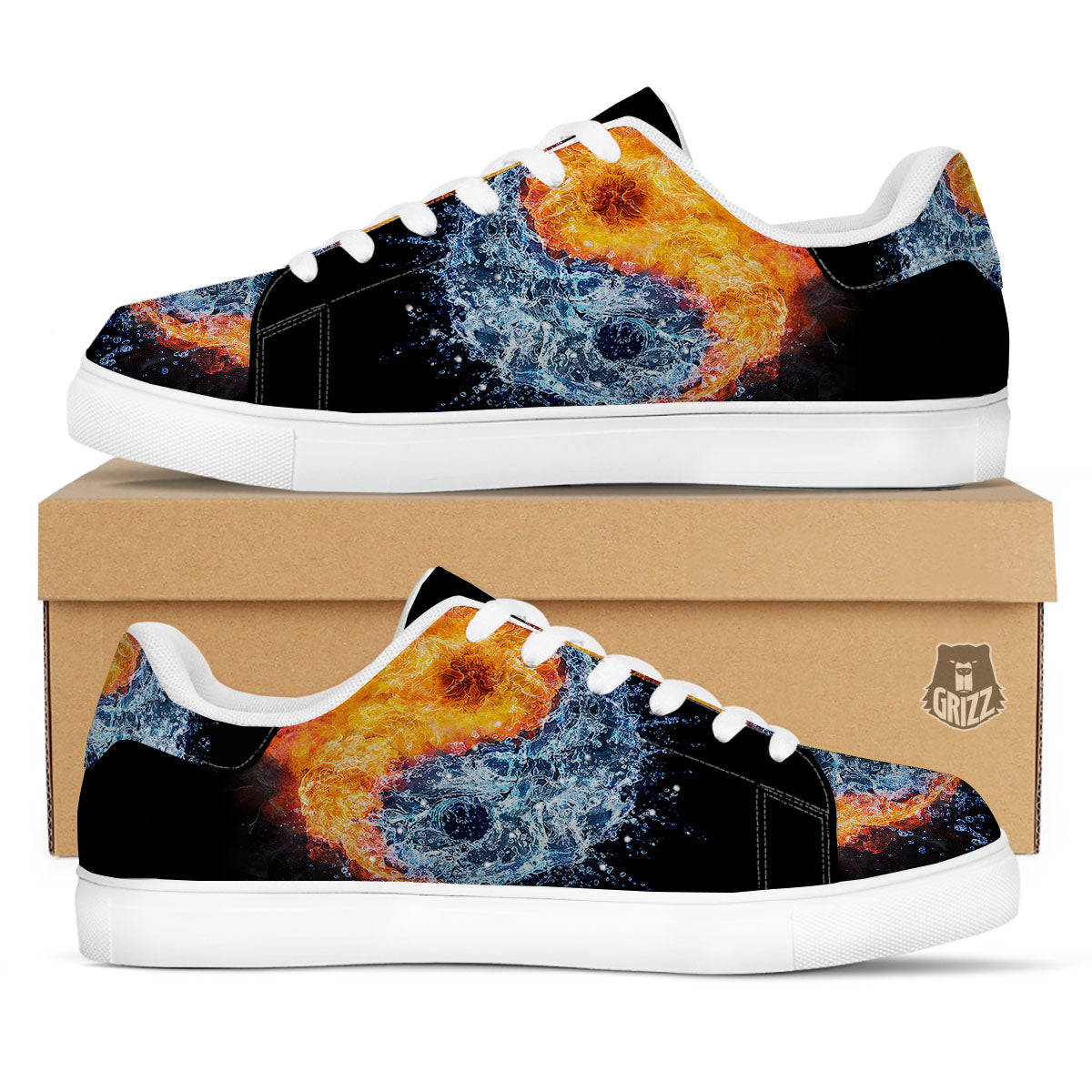 Yin Yang Water And Fire Print White Low Top Sneakers-grizzshop