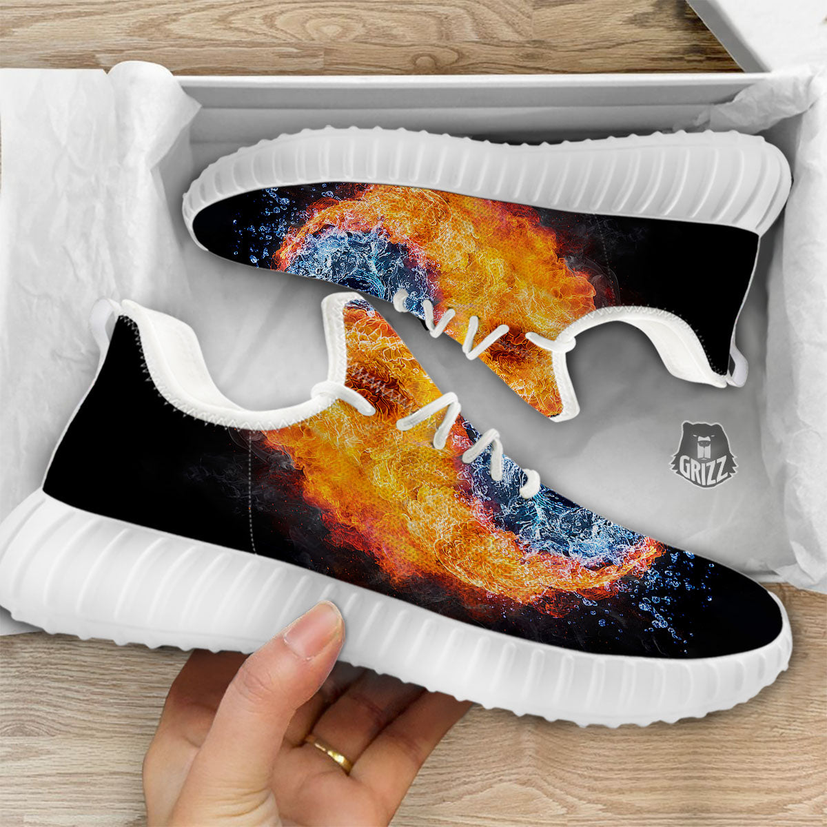 Yin Yang Water And Fire Print White Walking Shoes-grizzshop