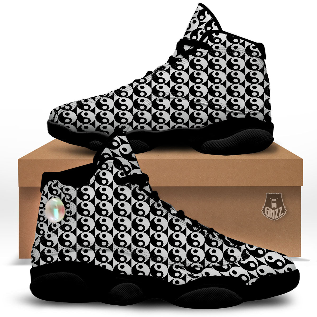Yin Yang White And Black Print Pattern Black Basketball Shoes-grizzshop