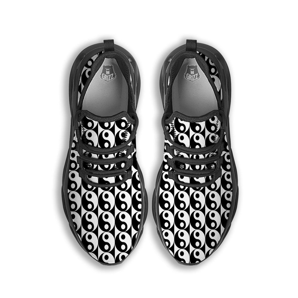 Yin Yang White And Black Print Pattern Black Running Shoes-grizzshop