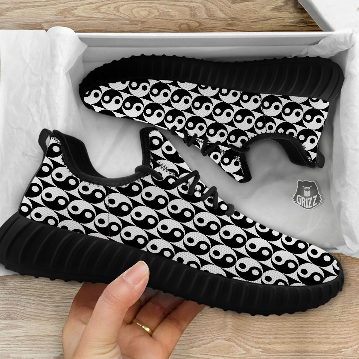 Yin Yang White And Black Print Pattern Black Walking Shoes-grizzshop