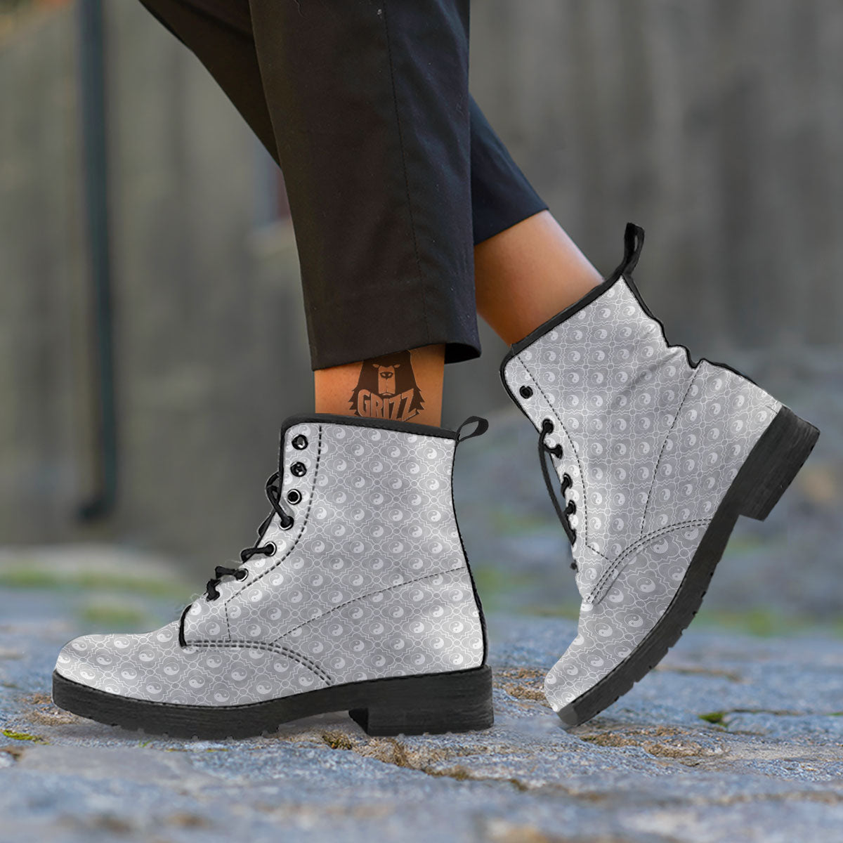 Yin Yang White And Grey Print Pattern Leather Boots-grizzshop