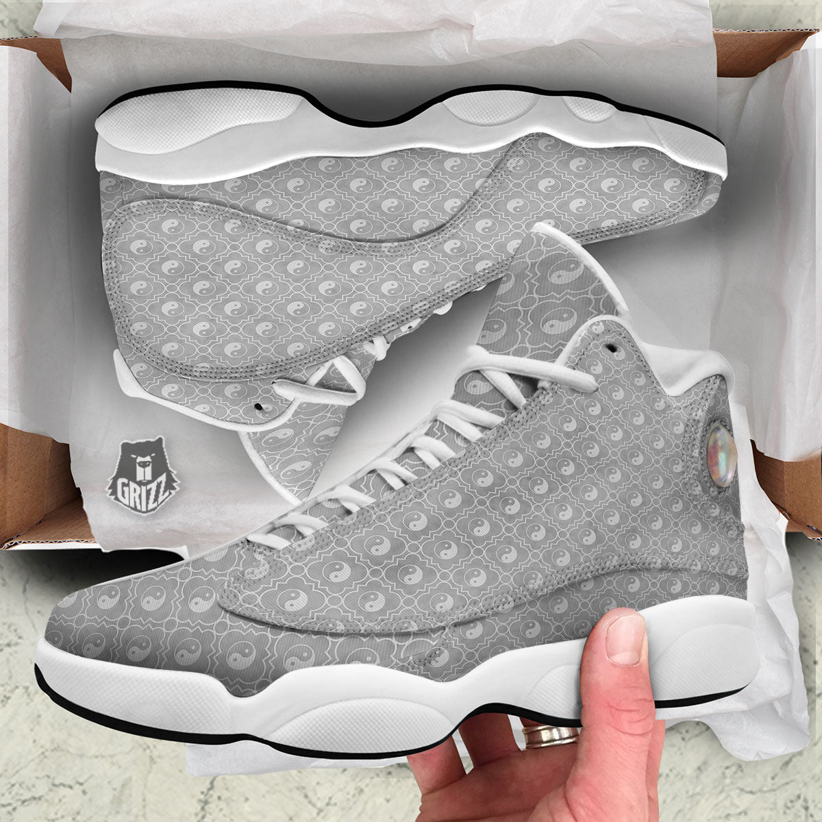 Yin Yang White And Grey Print Pattern White Basketball Shoes-grizzshop