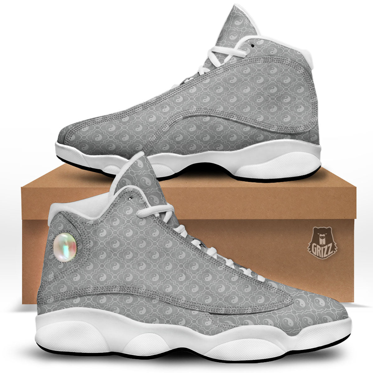 Yin Yang White And Grey Print Pattern White Basketball Shoes-grizzshop