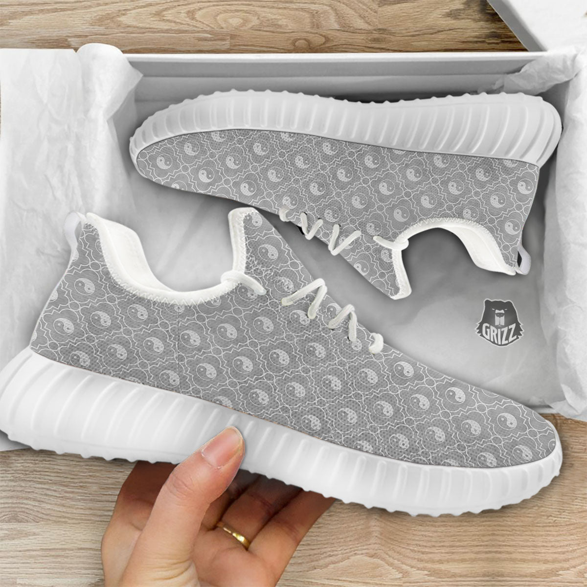 Yin Yang White And Grey Print Pattern White Walking Shoes-grizzshop