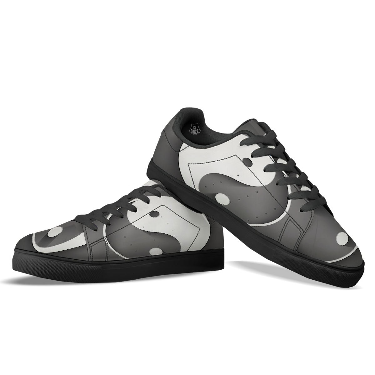 Yin Yang White And Sliver Print Black Low Top Sneakers-grizzshop