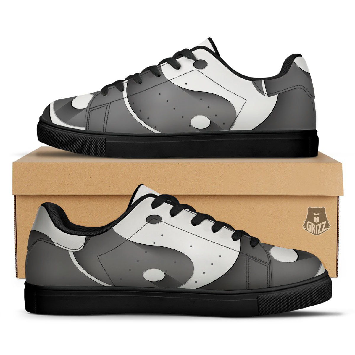 Yin Yang White And Sliver Print Black Low Top Sneakers-grizzshop