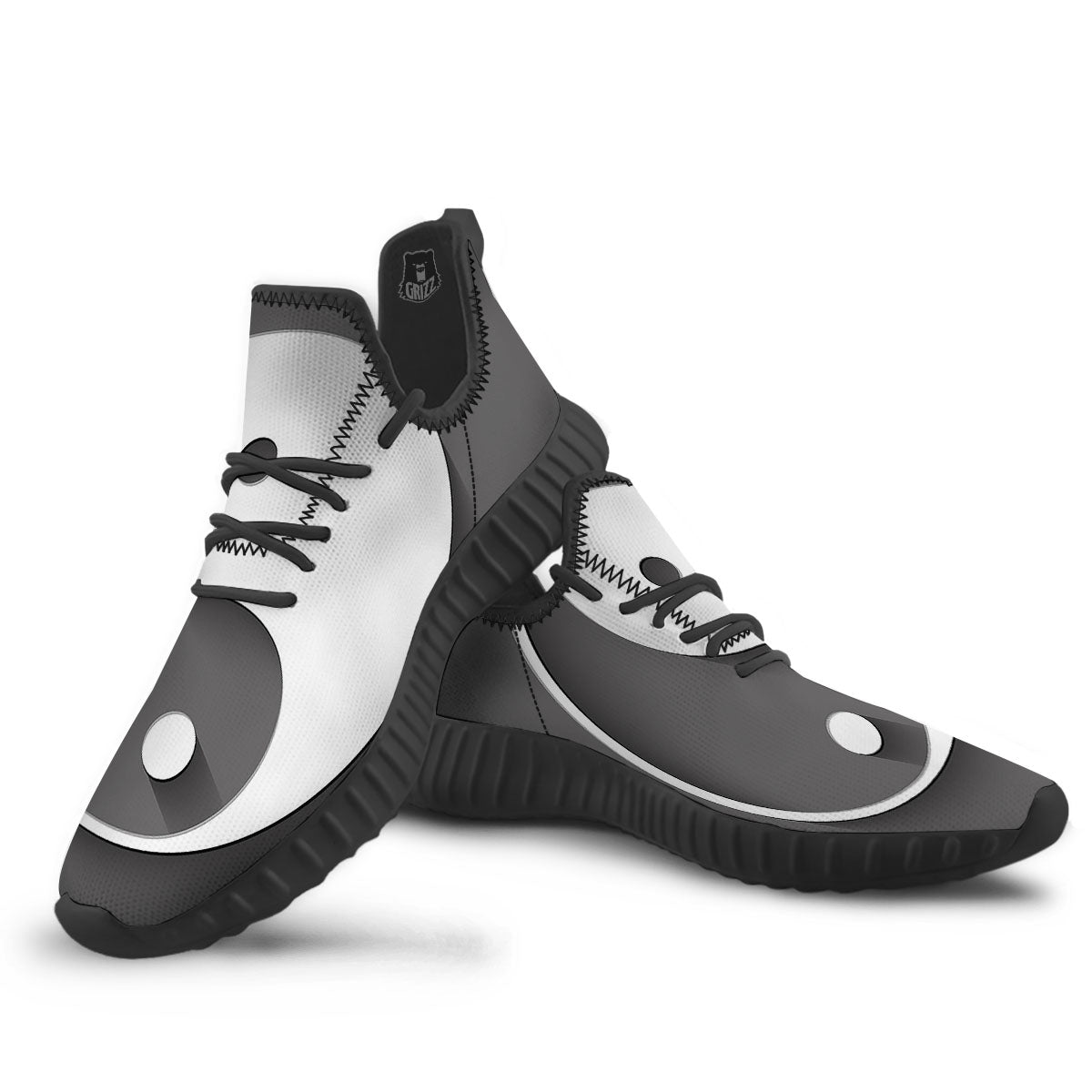Yin Yang White And Sliver Print Black Walking Shoes-grizzshop