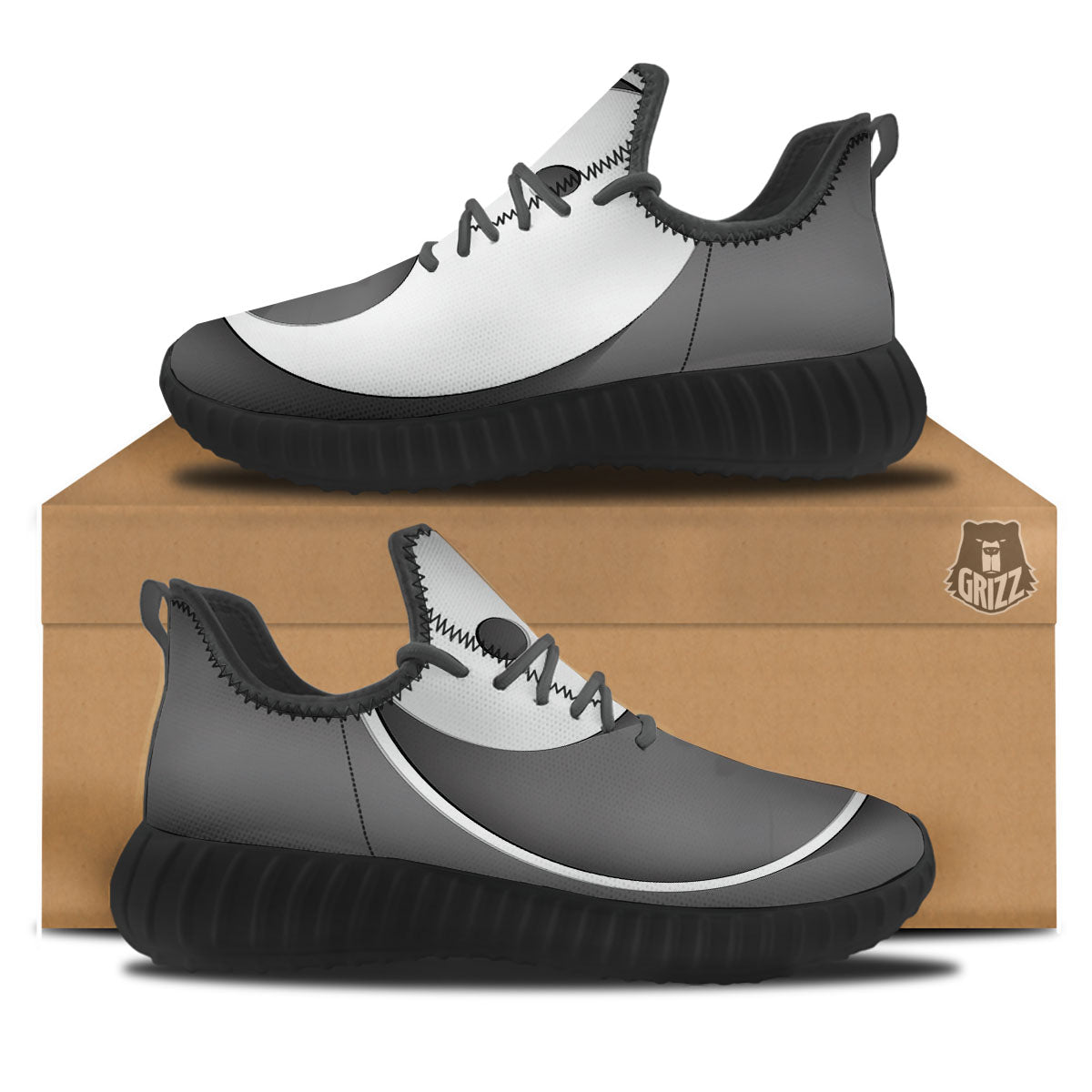 Yin Yang White And Sliver Print Black Walking Shoes-grizzshop