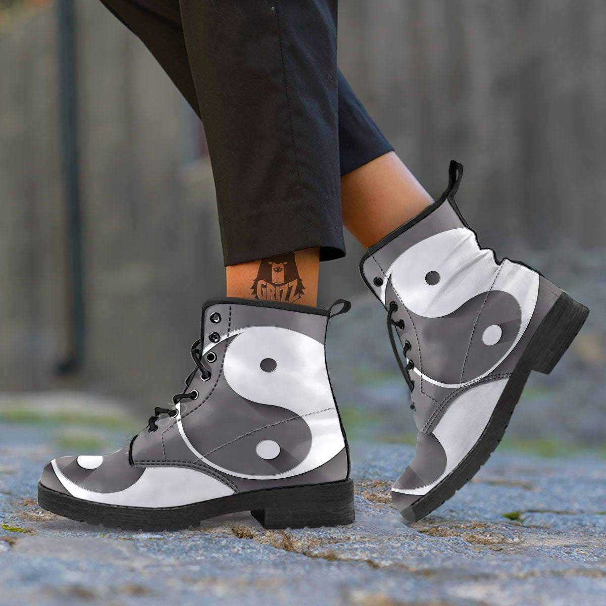 Yin Yang White And Sliver Print Leather Boots-grizzshop