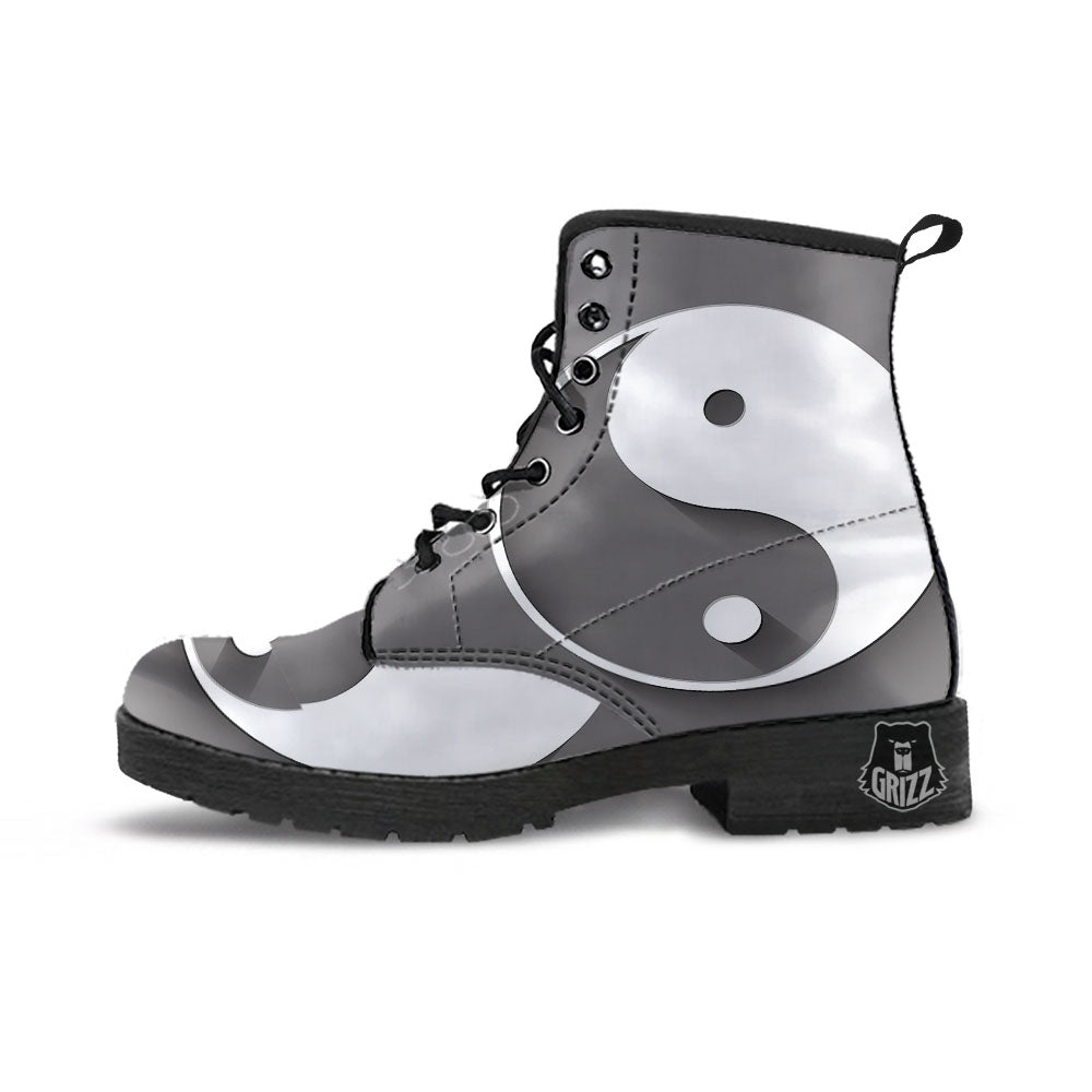Yin Yang White And Sliver Print Leather Boots-grizzshop