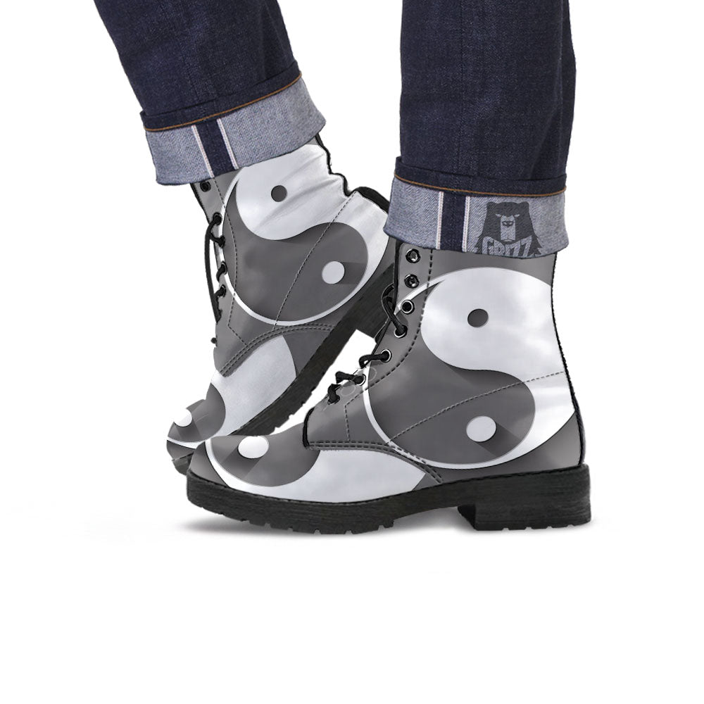 Yin Yang White And Sliver Print Leather Boots-grizzshop