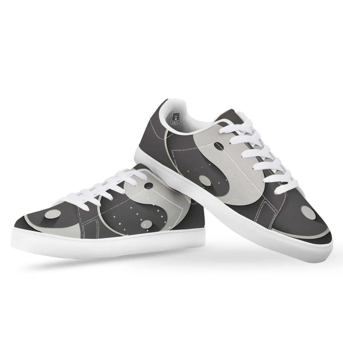 Yin Yang White And Sliver Print White Low Top Sneakers-grizzshop