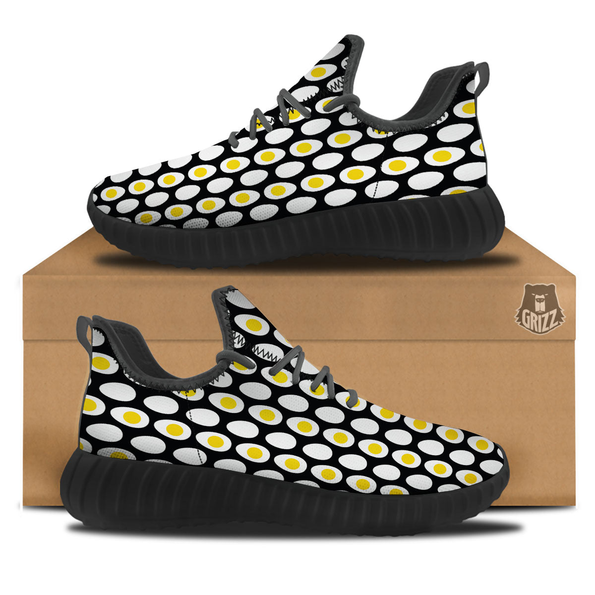 Yolk Egg Print Pattern Black Walking Shoes-grizzshop