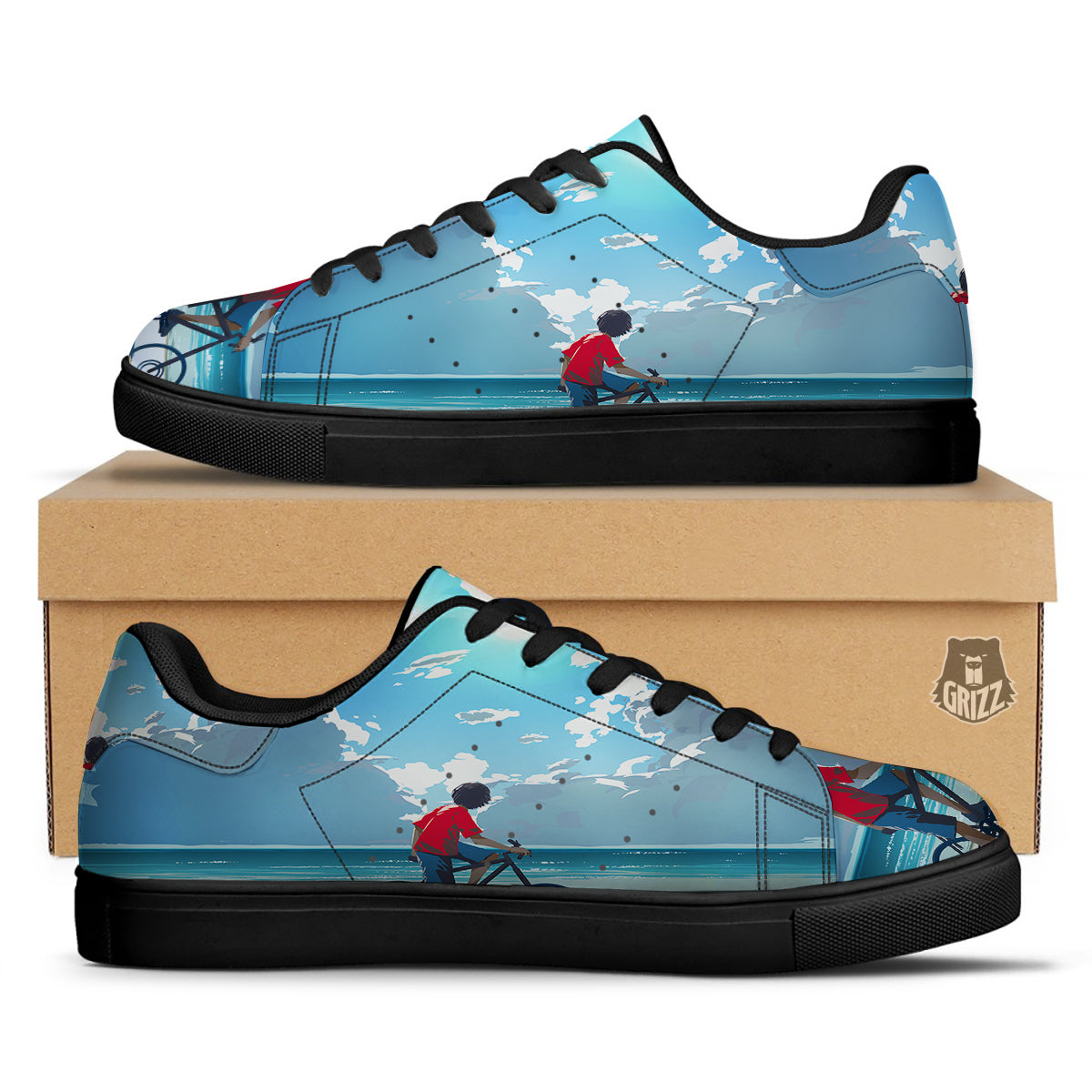 Young Man Looking At The Meteor Print Black Low Top Sneakers-grizzshop
