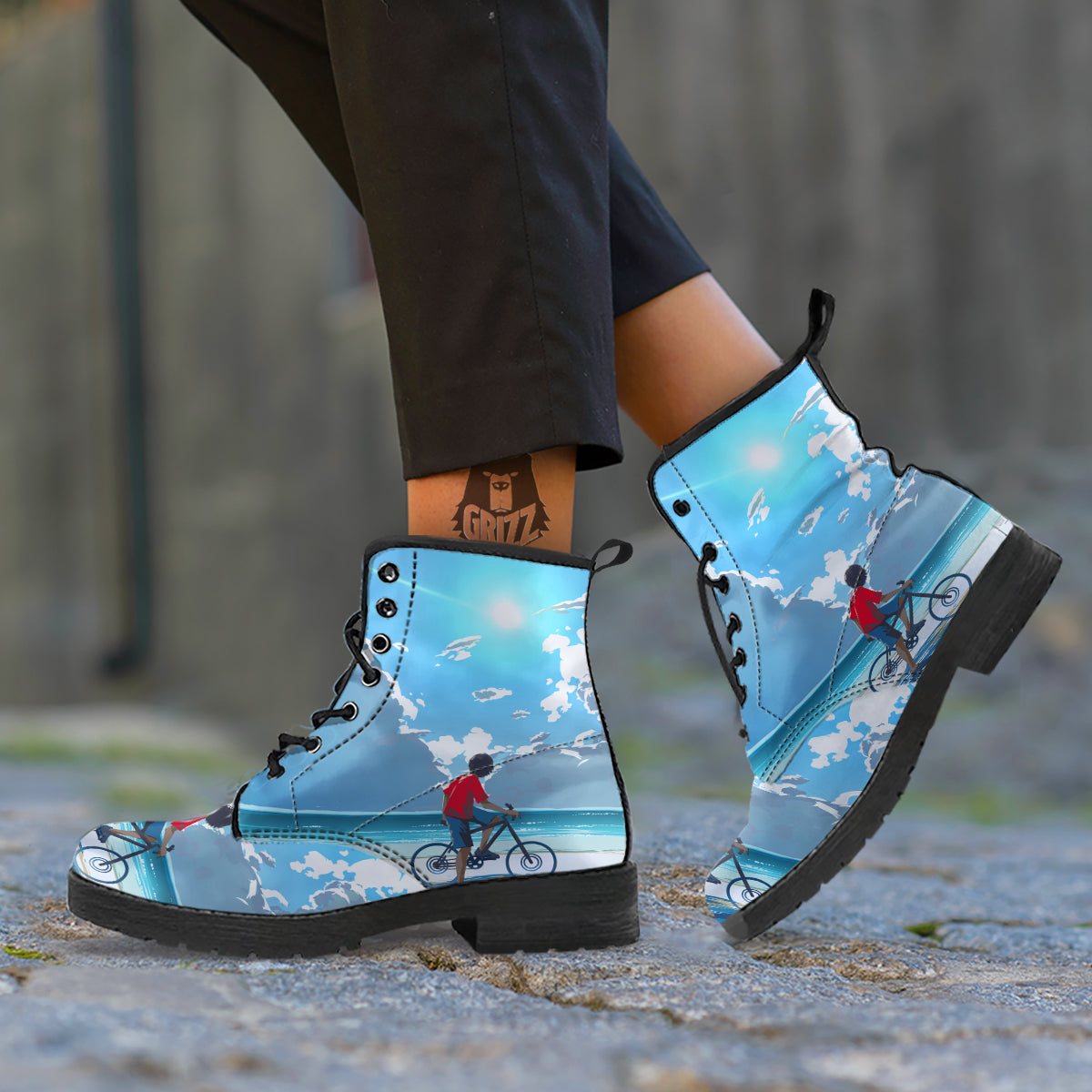 Young Man Looking At The Meteor Print Leather Boots-grizzshop