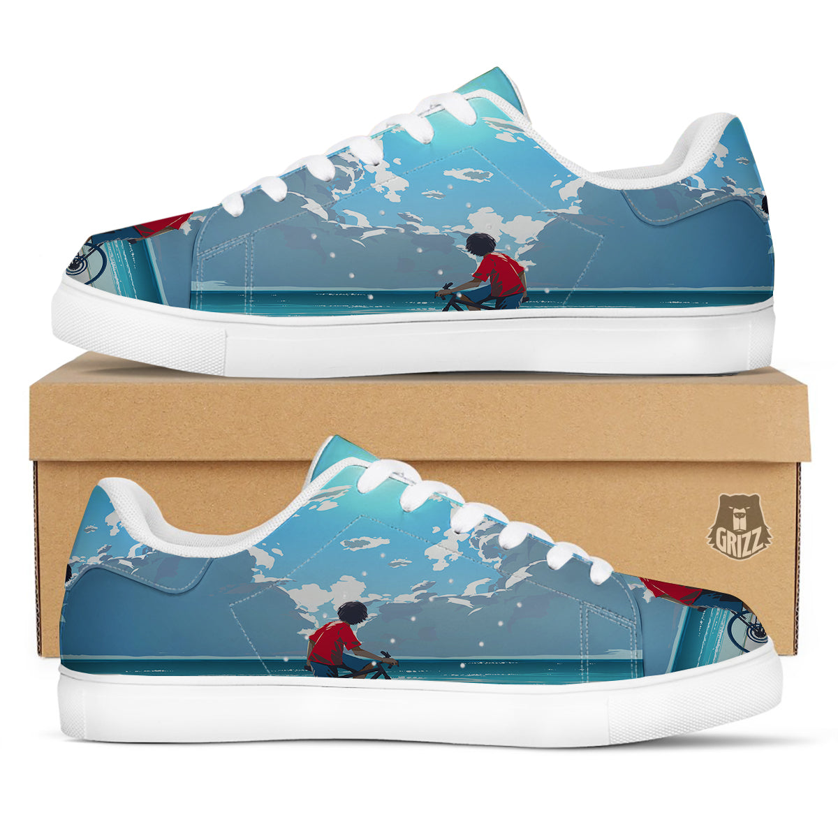 Young Man Looking At The Meteor Print White Low Top Sneakers-grizzshop