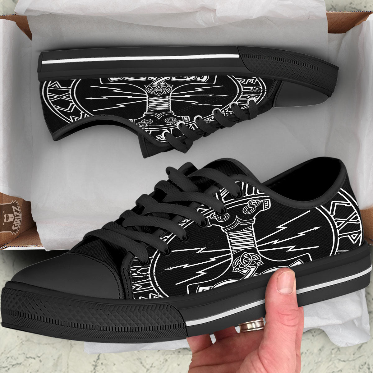 Younger Futhark And Mjolnir Print Black Low Top Shoes-grizzshop