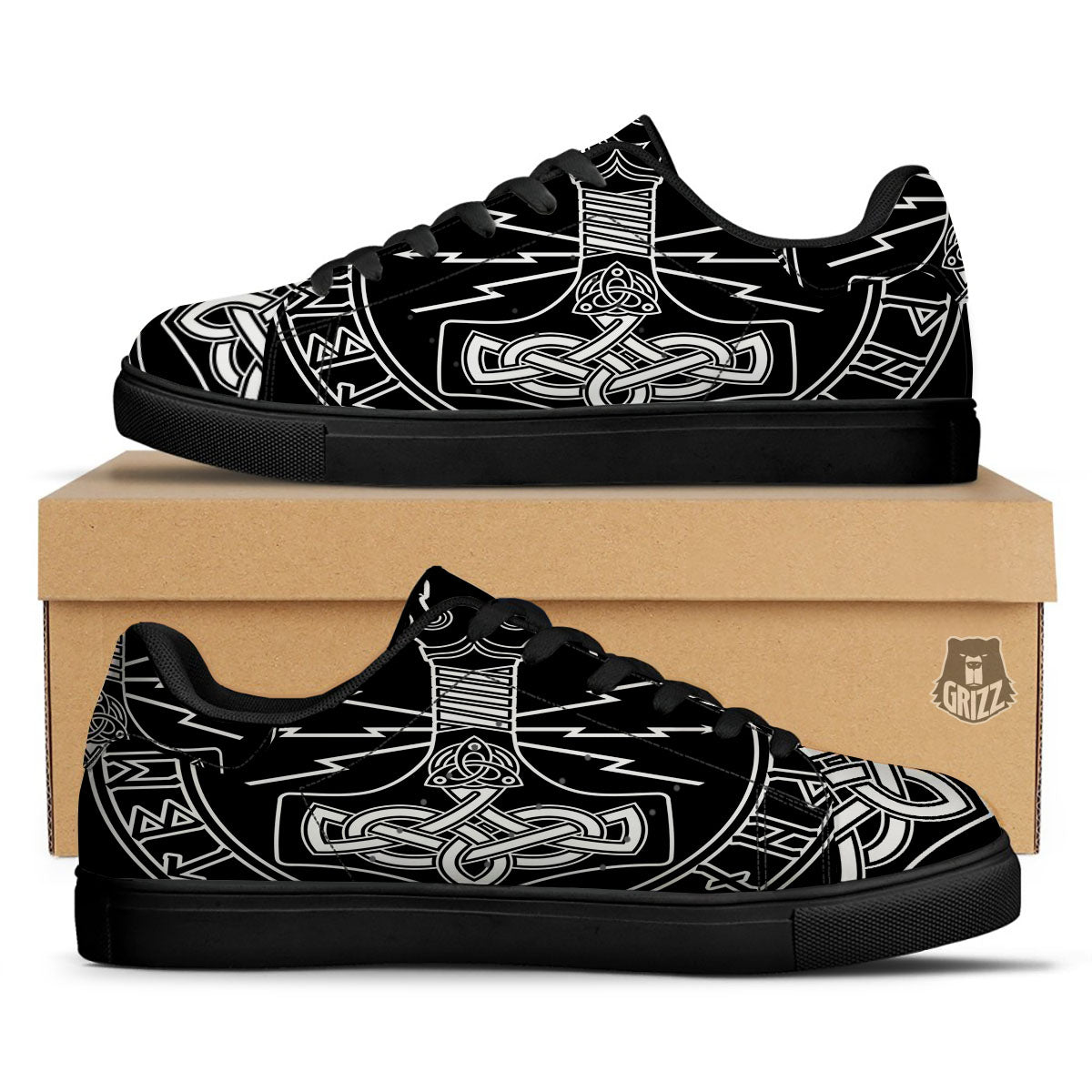 Younger Futhark And Mjolnir Print Black Low Top Sneakers-grizzshop