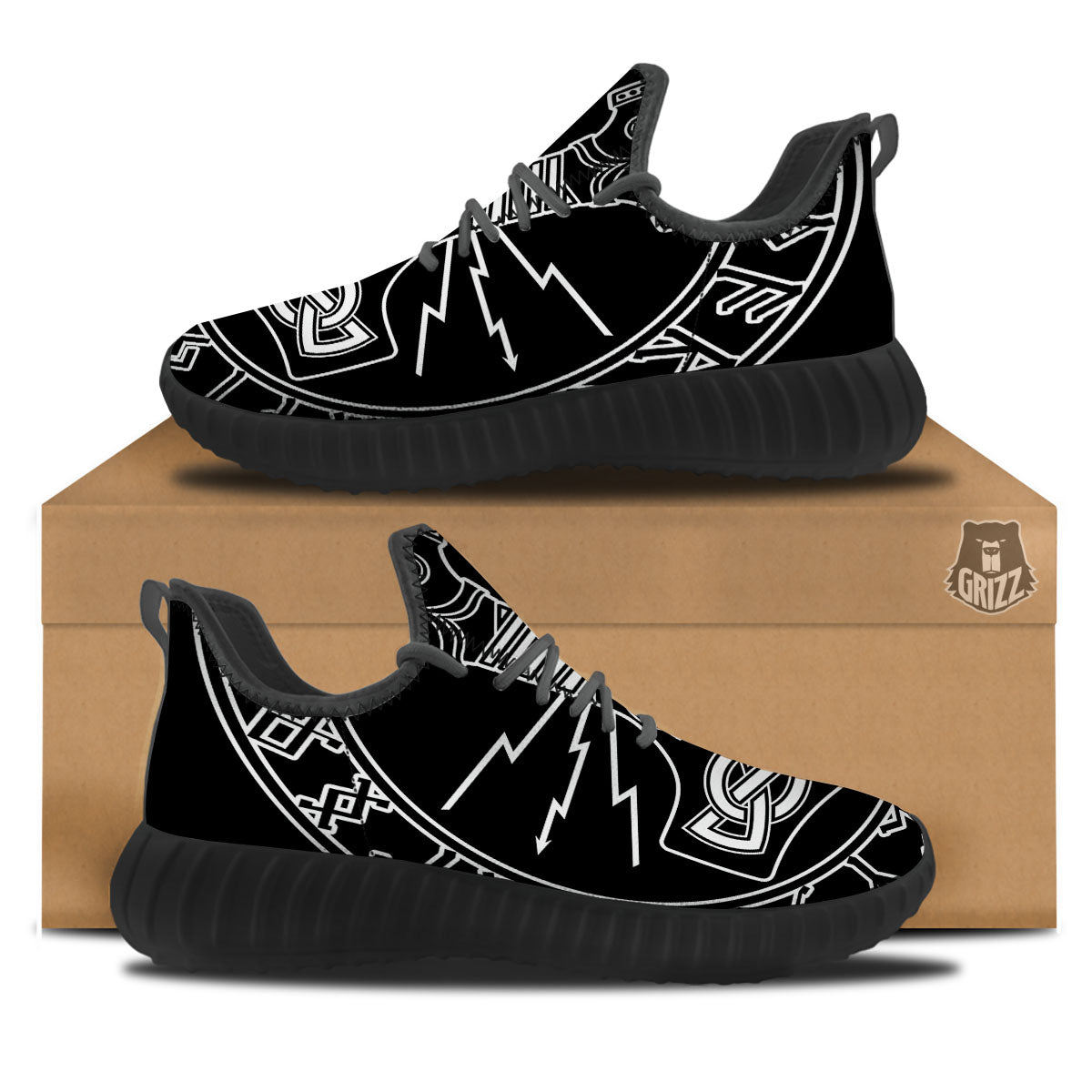 Younger Futhark And Mjolnir Print Black Walking Shoes-grizzshop