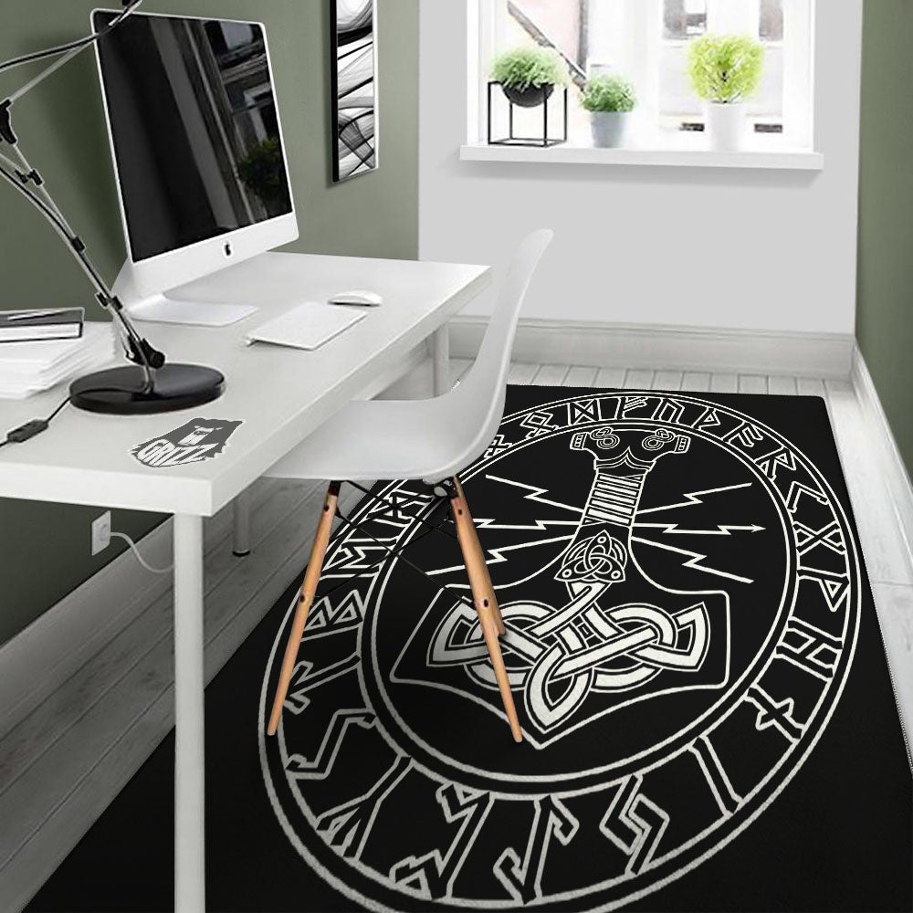 Younger Futhark And Mjolnir Print Floor Mat-grizzshop