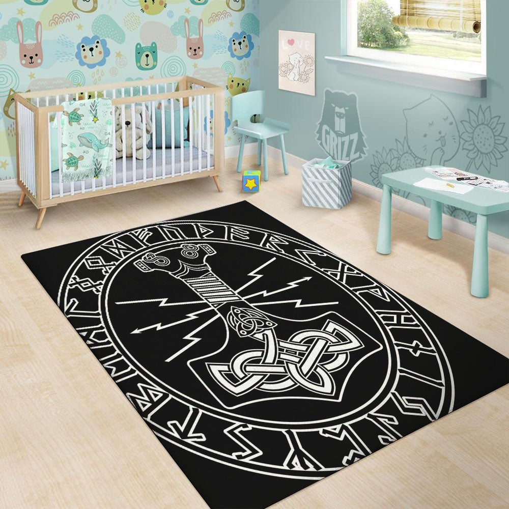 Younger Futhark And Mjolnir Print Floor Mat-grizzshop