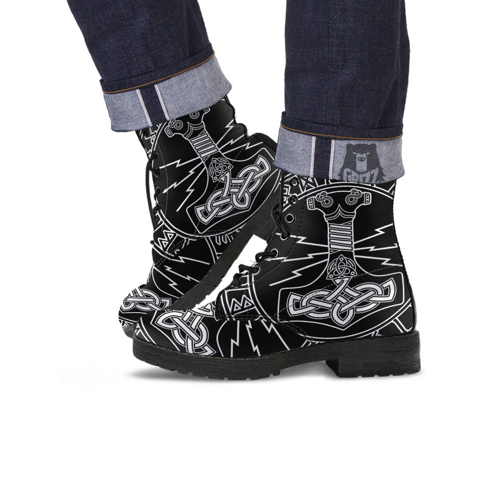 Younger Futhark And Mjolnir Print Leather Boots-grizzshop