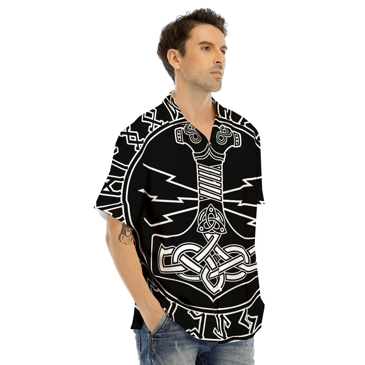 Younger Futhark And Mjolnir Print Men's Hawaiian Shirt-grizzshop