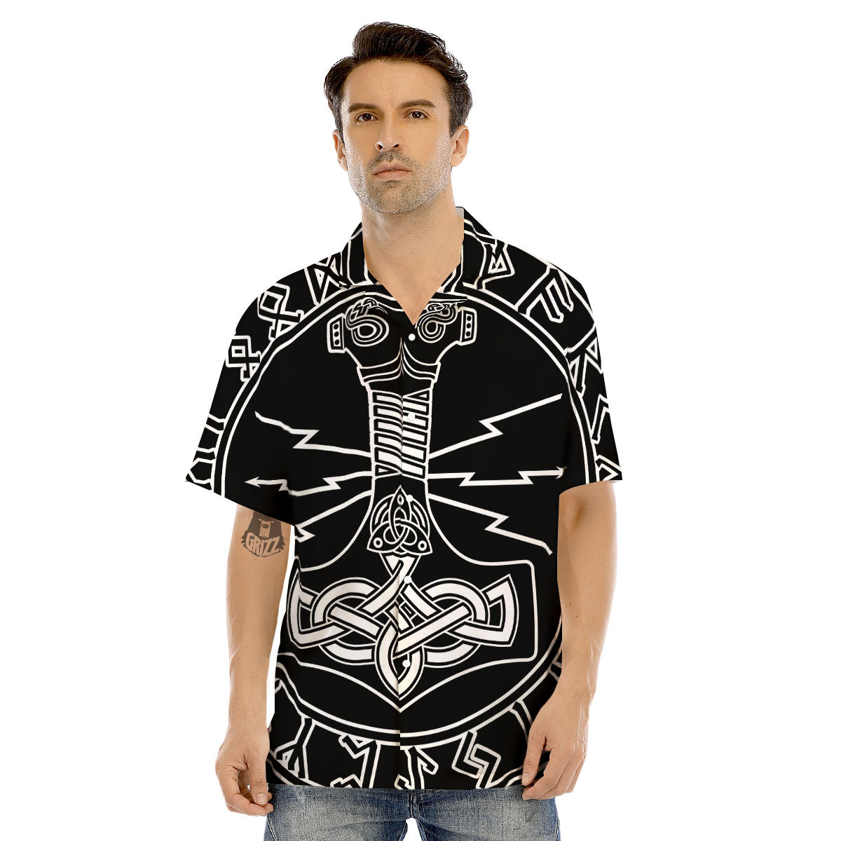 Younger Futhark And Mjolnir Print Men's Hawaiian Shirt-grizzshop