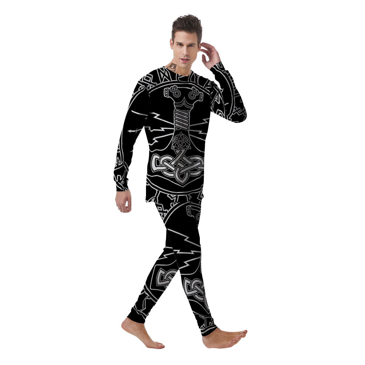 Younger Futhark And Mjolnir Print Men's Pajamas-grizzshop